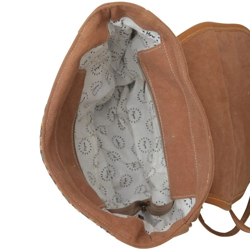 Myra Bag Handmade Dot Backpack Upcycled Canvas & Cowhide Leather